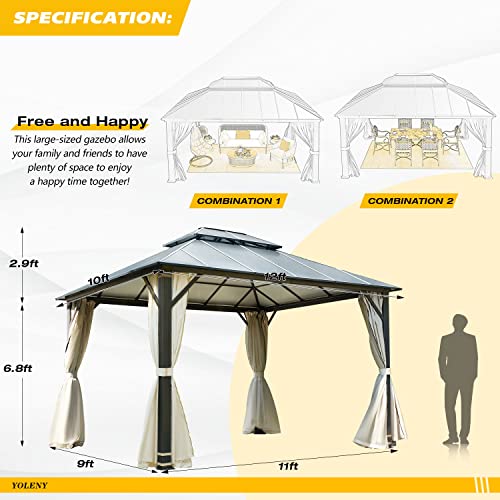 YOLENY 10' x 12' Hardtop Gazebo, Wood-Looking Gazebo with Galvanized Steel Double Roof, Aluminum Frame, Permanent Metal Pavilion with Netting and Curtains for Deck, Backyard, Patio and Lawns
