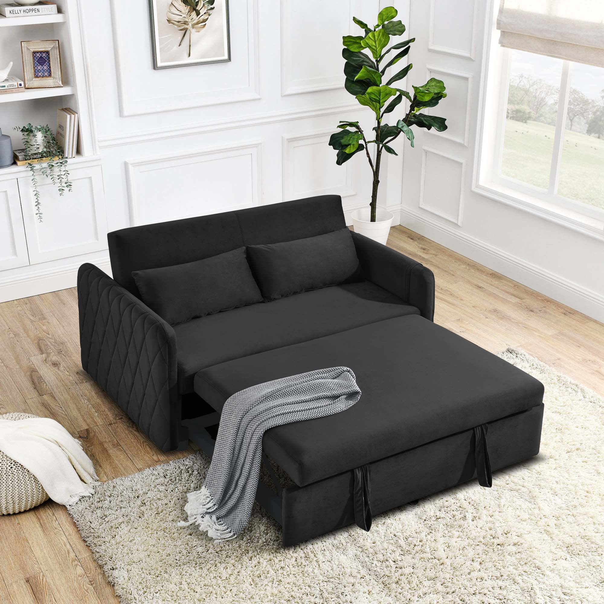 Momspeace 55 Modern Pull Out Loveseat Sofa Bed with 2 Detachable Arm Pockets. Black