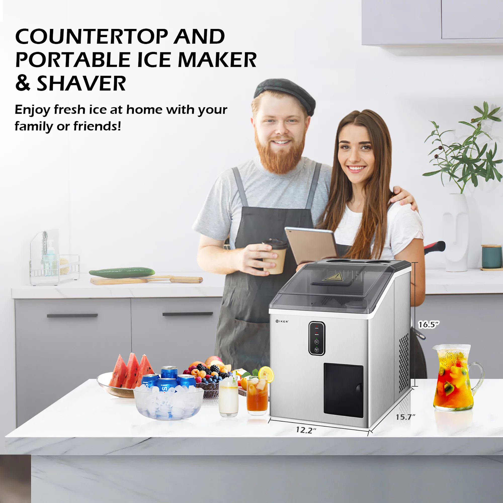 IKER Countertop Ice Maker and Ice Shaver Machine 33lb/24H, Portable 2-in-1 Ice Machine with LCD Display