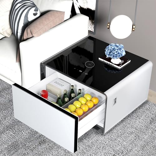 Atlodas 26.5" Smart Nightstand with Fridge, Mini Coffee Table, Side Table with Wireless Charging, Power Outlet, USB Interface, Outlet Protection, Induction Light, (Black)