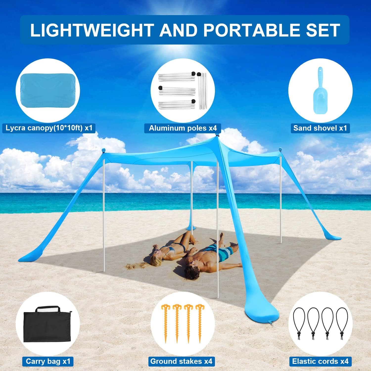 Beach Tent MAXVINI 10×10FT Beach Canopy with 4 Aluminum Poles Beach Shade for 6-8 Adults Pop Up Beach Tent Sun Shelter UPF50+ Easy Setup Beach Tents for Beach Lawn Park Fishing Backyard and Picnic