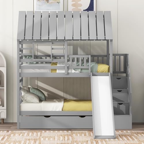 MERITLINE House Bunk Beds Twin Over Twin with Slide, Twin Bunk Bed with Storage Stairs and Trundle, Wood Kids Bunk Bed with Roof and Window Design for Girls, Boys,White