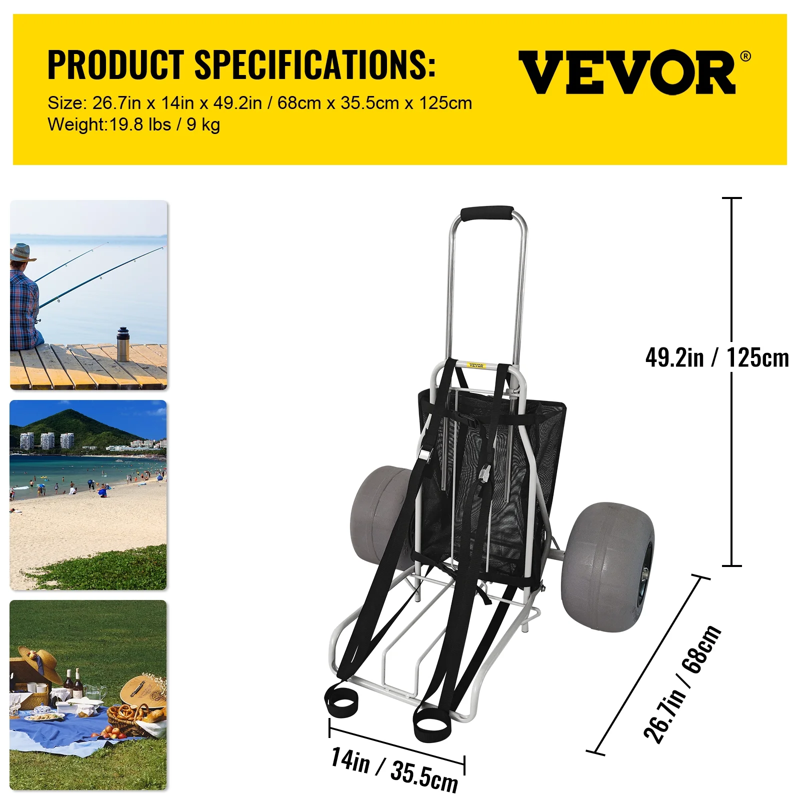 VEVOR Beach Carts for the Sand, w/ 12" TPU Balloon Wheels, 165Lbs Loading Capacity Folding Sand Cart & 29.5" to 49.2" Adjustable Height, Heavy Duty Cart for Picnic, Fishing, Beach
