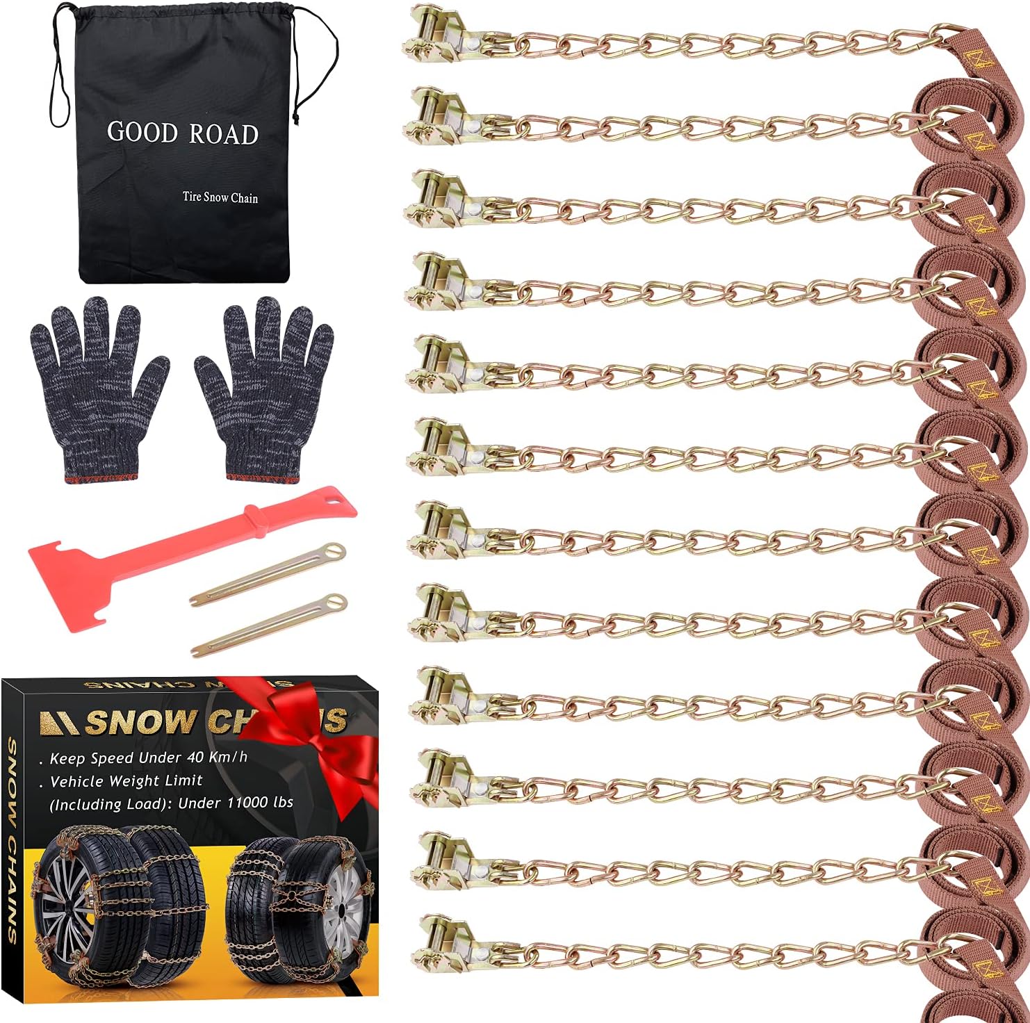 Tire Chains, Snow Chains 12 pcs for Trucks Suvs, Cars, Sedan, Family Automobiles with Update Adjustable Lock for Ice, Snow,Mud,Sand,Applicable Tire Width 225-285 mm /8.8-11.3in