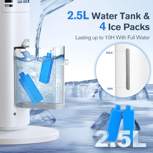 3-IN-1 Portable Air Conditioners Tower Fan, Evaporative Air Cooler w/Remote, 2.5L Water Tank With 4 Ice Packs, 12H Smart Timer & 70° Oscillating, 3Speeds For Bedroom Living Room Office