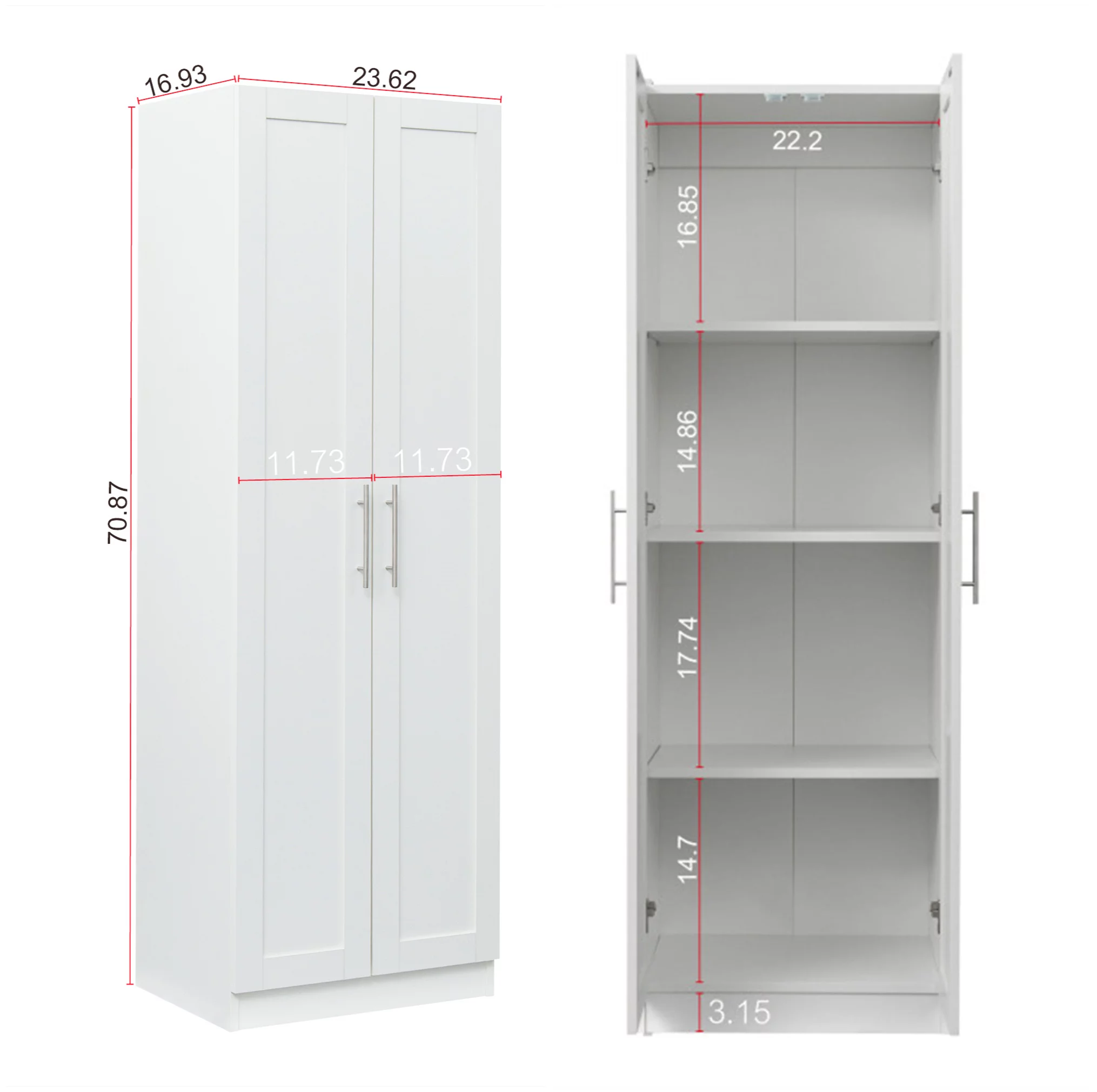 Pantry Wood Storage Cabinet,71" H Wardrobe Cabinet with 3 Adjustable Shelves 2 Doors for Bedroom Kitchen