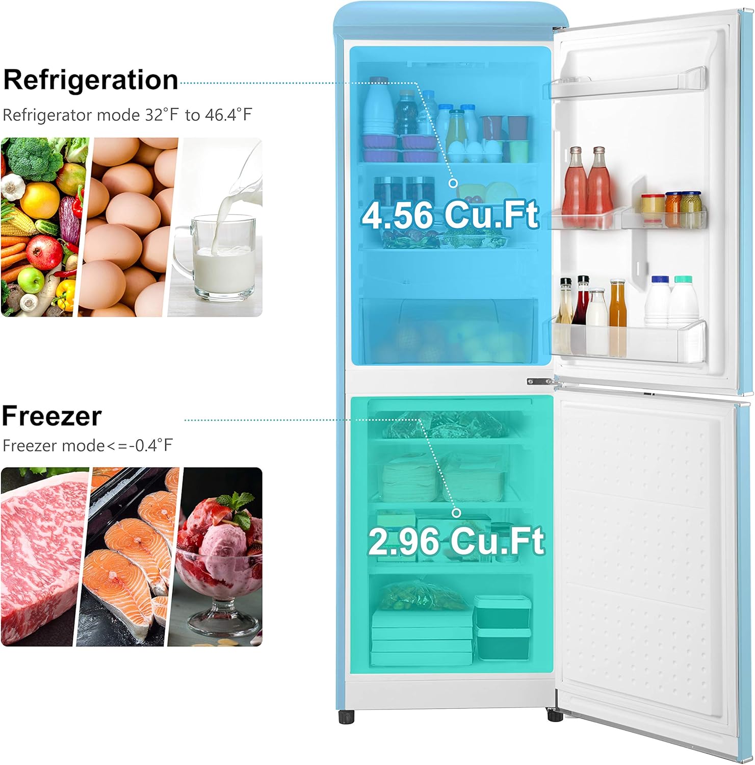Galanz GLR74BBER12 Retro Bottom Mount Refrigerator, Adjustable Mechanical Thermostat with True Freezer, Blue, 7.4 Cu Ft