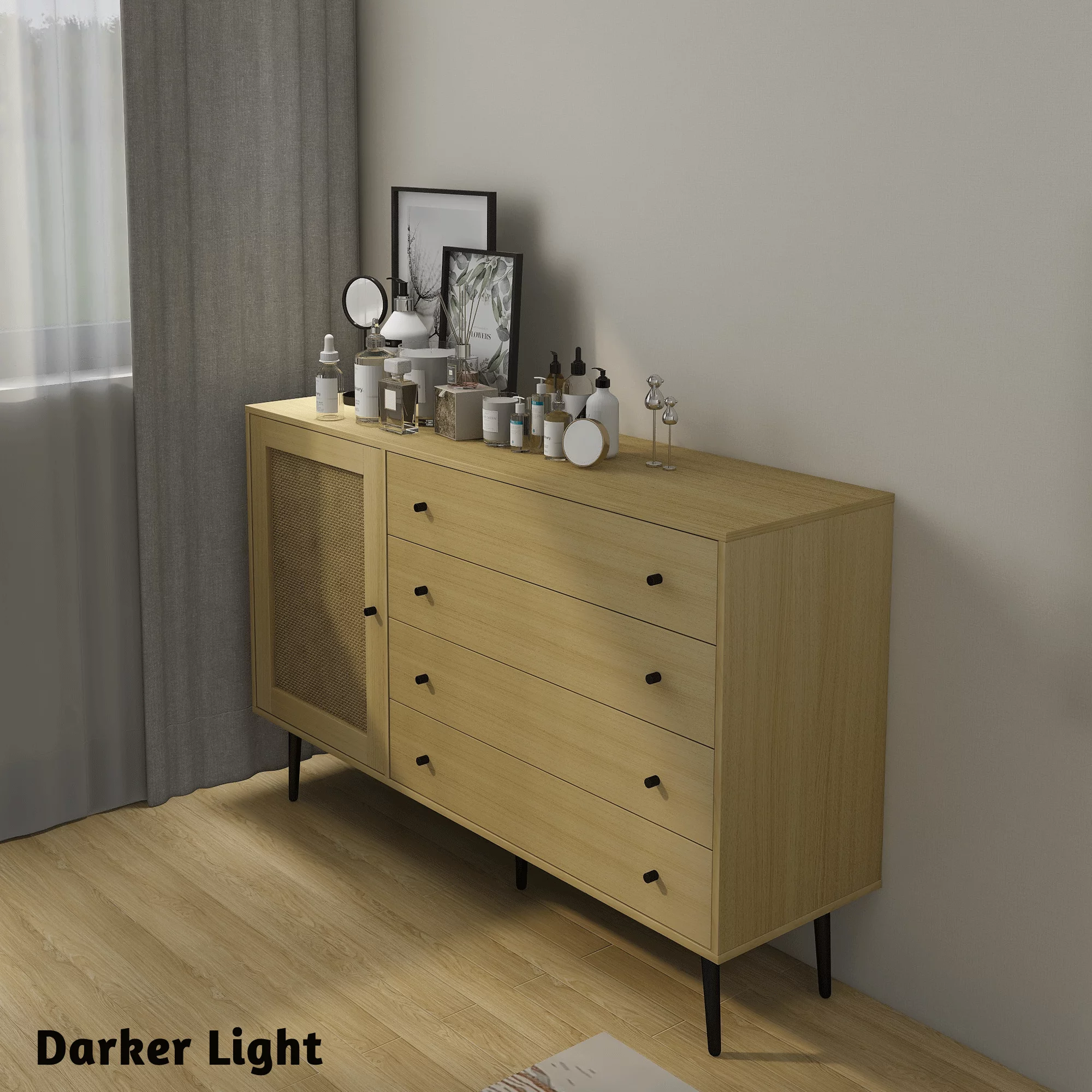 HIUU Storage Cabinet with Door and 4 Drawers for Living room,Sideboard Buffet Cabinet for Dining Room,Natural Wood Dresser for Bedroom