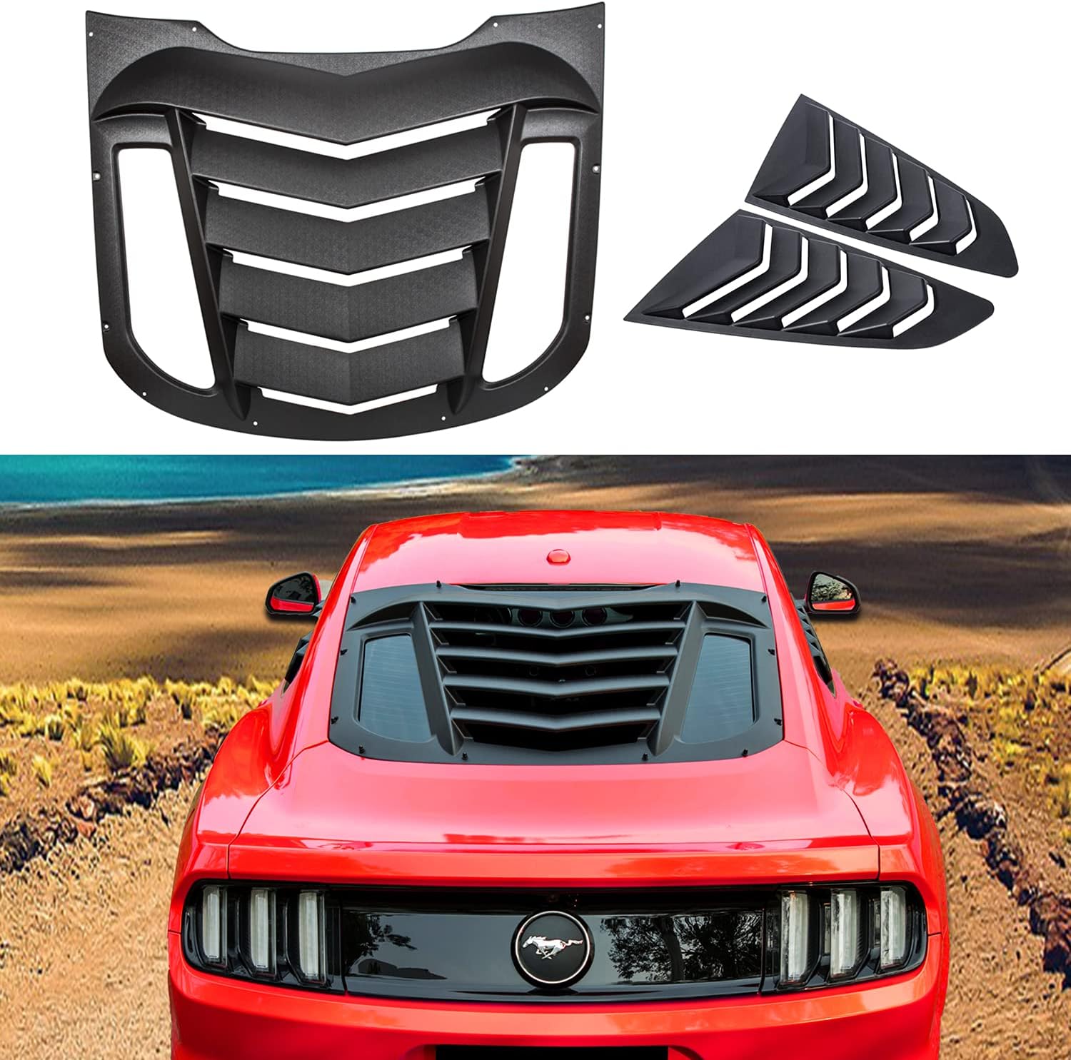 Rear and Side Window Louvers Cover Fit for Ford Mustang 2015-2020 Matte Black Window Visor Sun Shade Vent