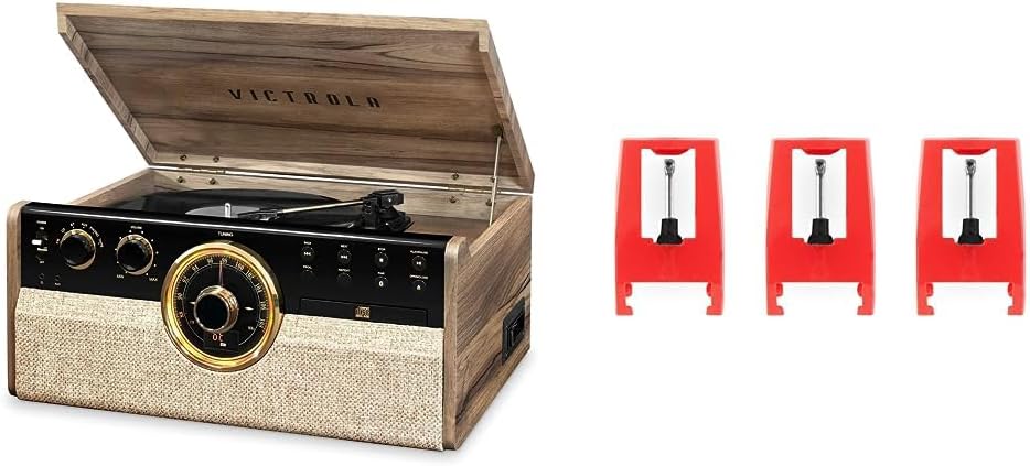 Victrola VTA-270B-FNT Empire Bluetooth 6 in 1 Music Center (33/45/78) (Farmhouse Walnut) and Victrola 3 Pack Turntable Replacement Needles