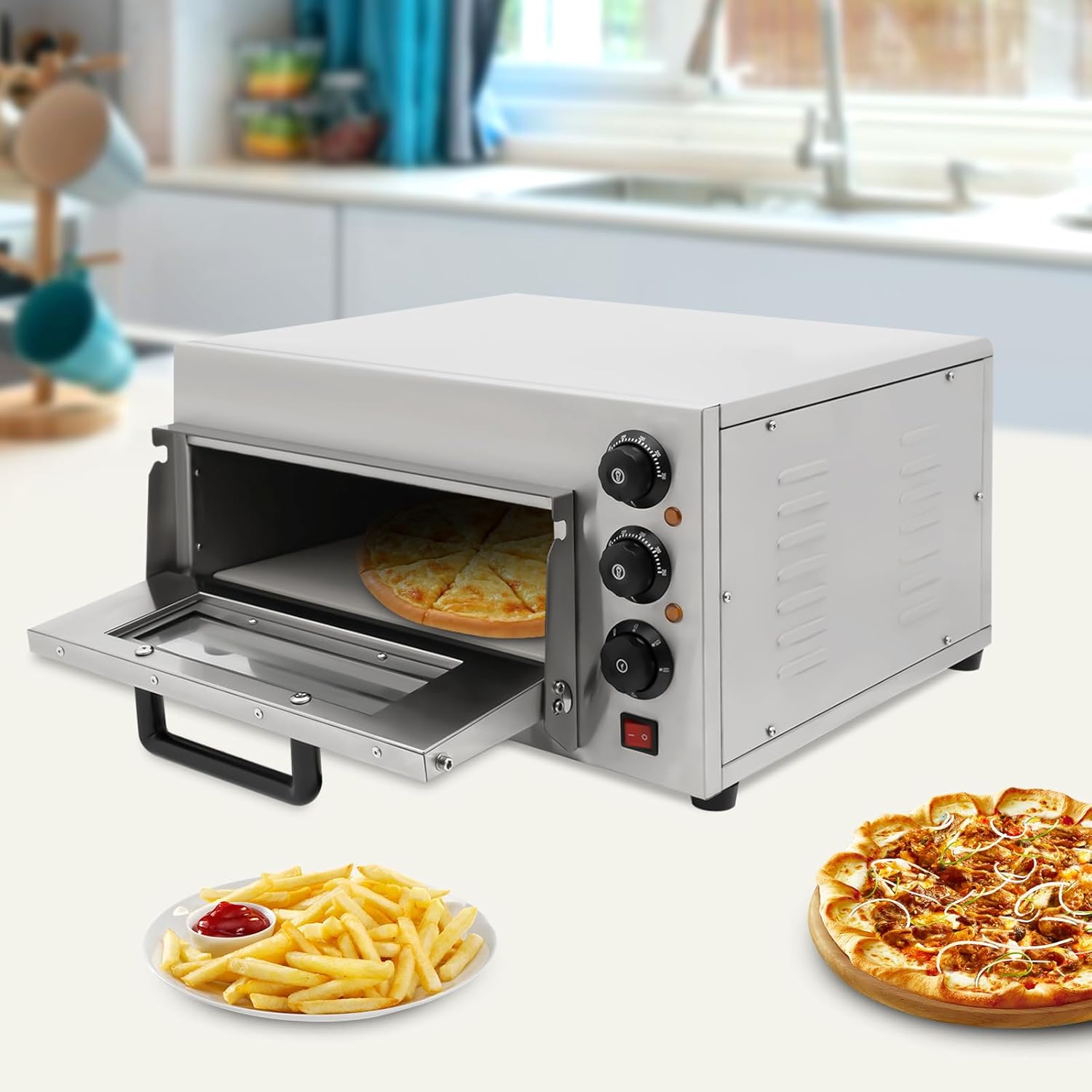 1300W Electric Pizza Oven, 16Inch Commercial Pizza Oven, Adjustable Temperature and Timer, Removable Cordierite Slate, Countertop Pizza Oven Pizza Cooker for Home Restaurant
