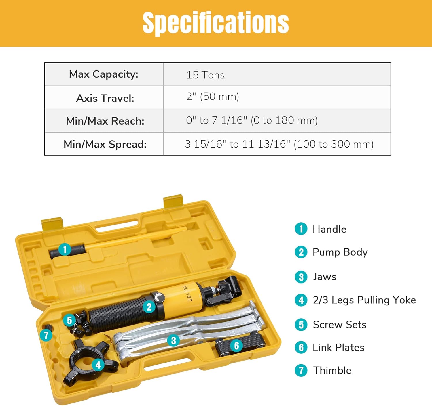 Yescom 3-Jaw Hydraulic Gear Puller Set 15 Ton Wheel Bearing Pulling Separator w/Case