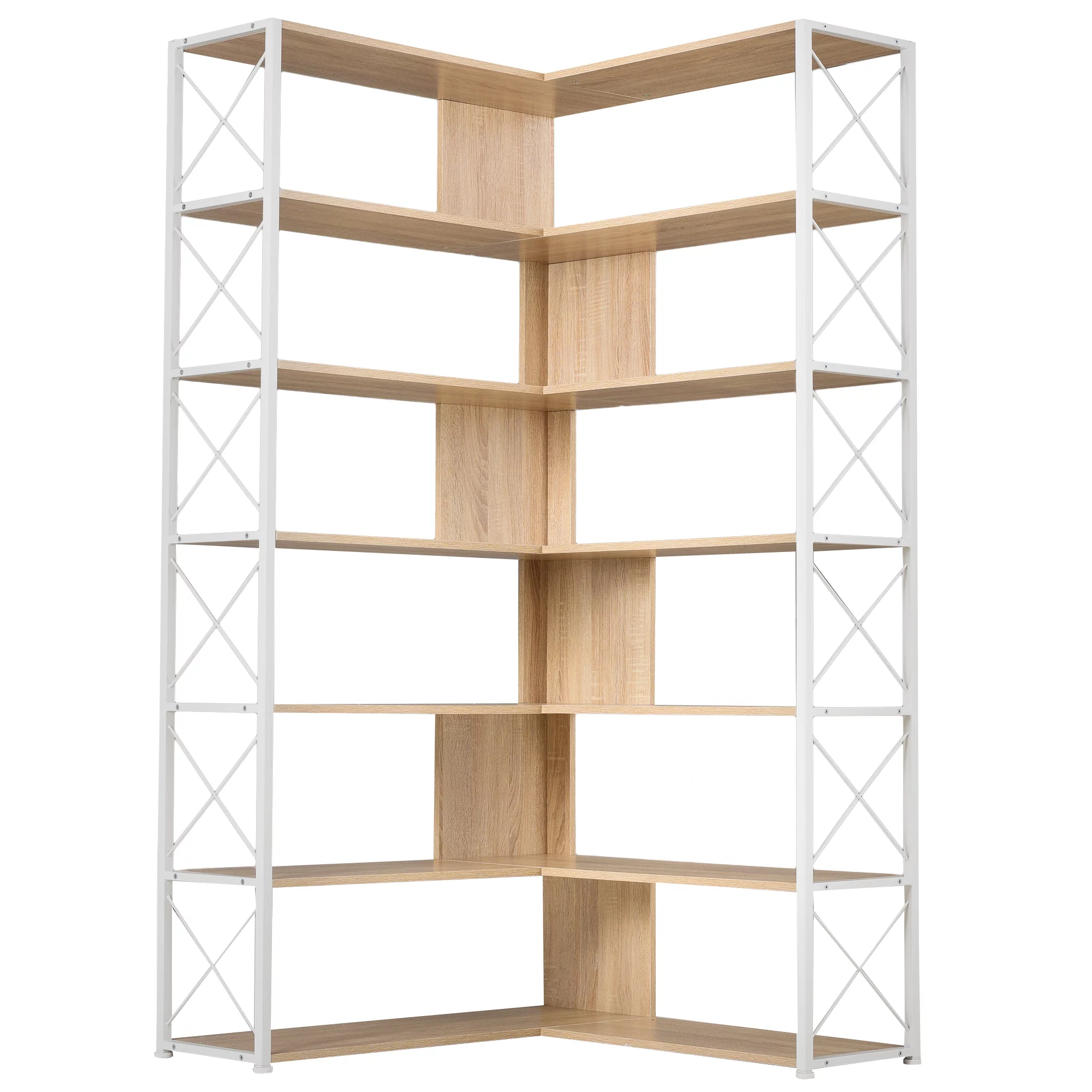 L-Shaped Corner Bookshelf 7-Tier Bookcase with Metal Frame and Industrial Style Design - Spacious Home Office Shelf for Books, Decor, MDF Boards - Sturdy and Stylish Storage Solution (Oak)
