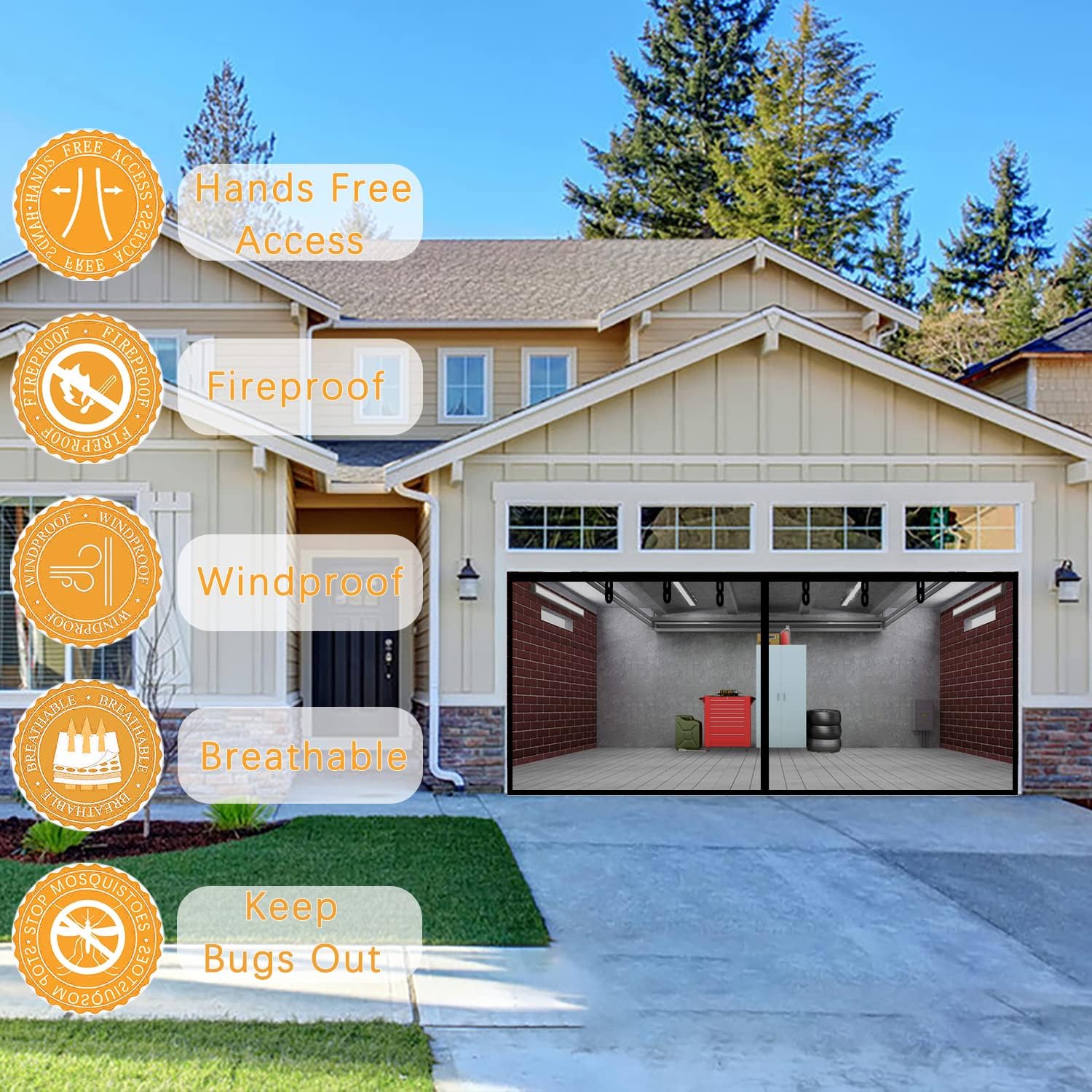 Fiberglass Magnetic Garage Screen Door - Double 16x7ft (2 car) Hands Free Mesh Screen Door，DIY Retractable Garage Door Screen with 6 Roll Up Starps，Easy to Install (16*7FT) Pack of 2