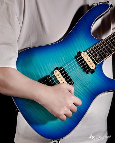 Leo Jaymz Electric Guitar Monsoon Series,Reverse Headstock,Mahogany Body,Roasted Maple Neck,Rosewood Fretboard,Locking Tuners,Rounded End Frets,AlnicoV Pickups,Fixed Bridge (Blue Flame)