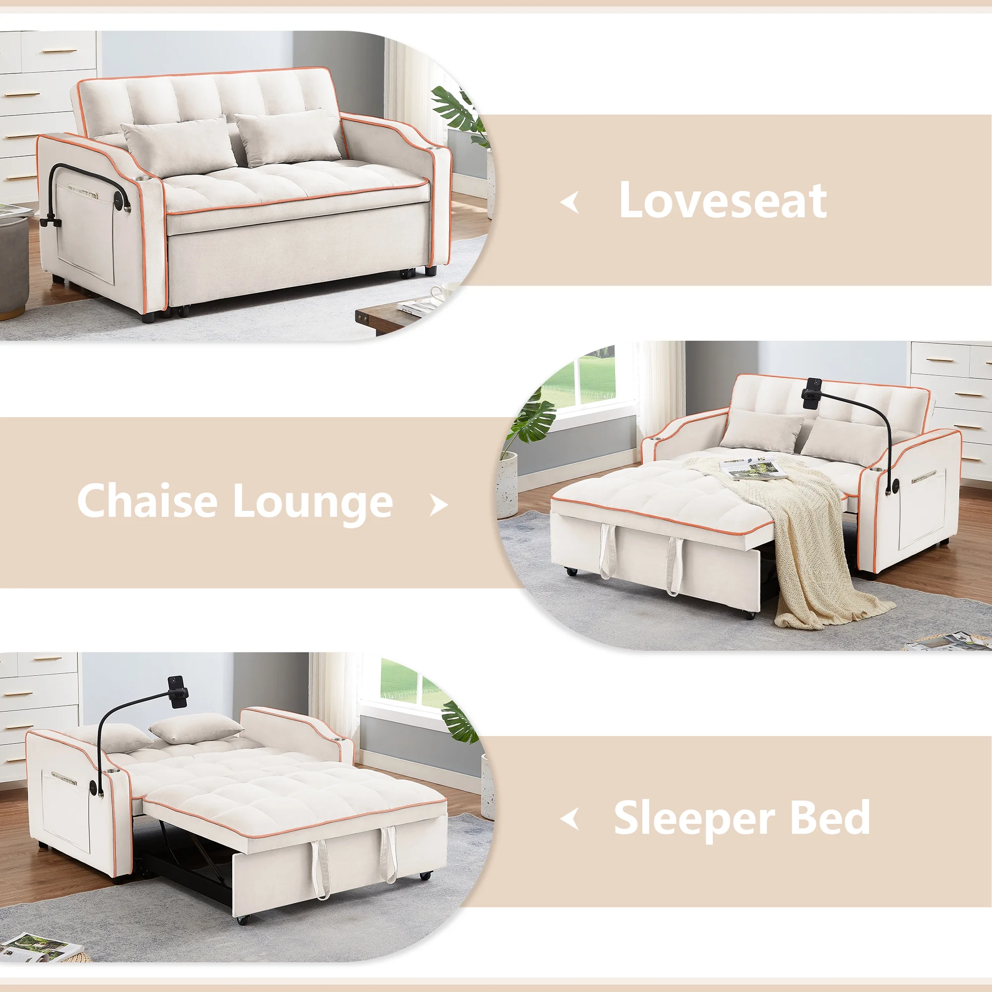 Muumblus Pull Out Sofa Bed, 3-in-1 Convertible Sofa Bed, Modern 2 Seater Sofa Bed with USB Port and Cup Holders, Velvet Loveseat Sleeper for Living Room, Small Spaces, Beige
