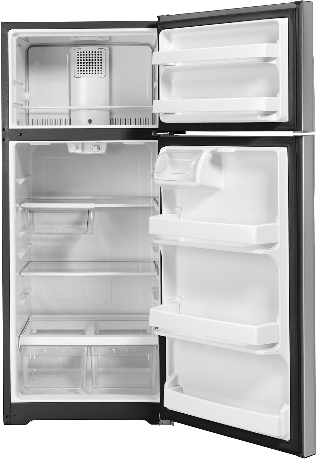 GE GTS18GSNRSS 28" Top Freezer Refrigerator with 17.52 cu. ft. Capacity LED Lighting Adjustable Glass Shelves and Upfront Temperature Controls in Stainless Steel
