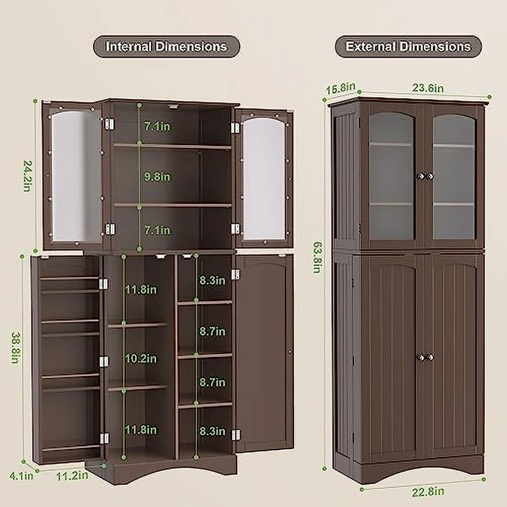 64" Kitchen Pantry Cabinet  Tall  Cabinet with Glass Doors and Adjustable Shelves  Freestanding Floor Cabinet Cupboard for Kitchen  Living Room  Dining Room (Dark Brown)