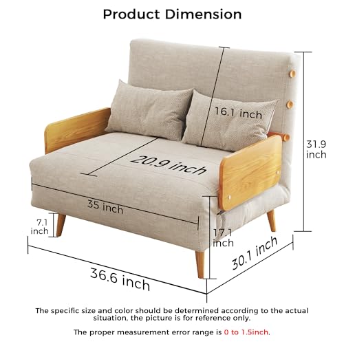 3-in-1 Convertible Chair Bed Sleeper for Adults, Linen Convertable Sleeper Chair with Wooden Arms & Pillows, Foldable Single Futon Sofa Bed (Mid Century with Walnut Arm, 36.6" Wide)