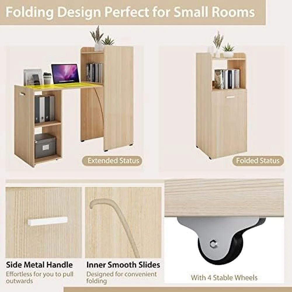 HJZBNONE Extendable Computer Desk for Small Space  Reversible Home Office Desk with Anti-Tipping Kit  Folding Study Writing Desk  Pull-Out PC Laptop Workstation Desk  Brown/Natural (Natur
