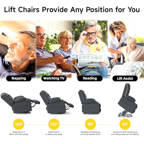 Large Power Lift Chairs Recliners for Elderly with Heated and Massage, Overstuffed Adjustable Lift Chairs, 3 Positions, Breathable Leather, USB-A and USB-C, Cup Holder, Side Pocket Dark Brown