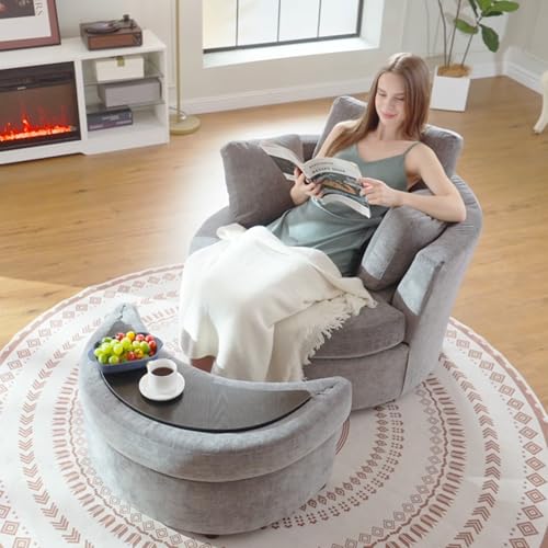 Chair and A Half with Ottoman, 360° Swivel Accent Barrel Chair Modern Comfy Round Reading Sofa Swivel Chairs Circle Lounge Chair for Bedroom Living Room w/4 Pillow Lower Seating Heigh (White, Large)