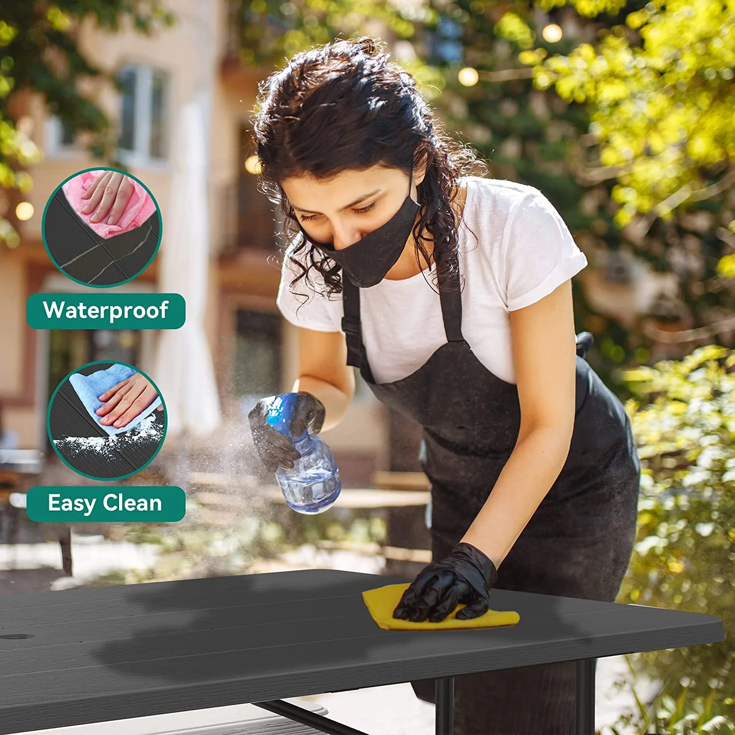 Dextrus 6ft Folding Picnic Table Heavy Duty Outdoor Picnic Table and Bench Resin Tabletop & Stable Steel Frame w/Umbrella Hole for Yard Patio Lawn Party Black