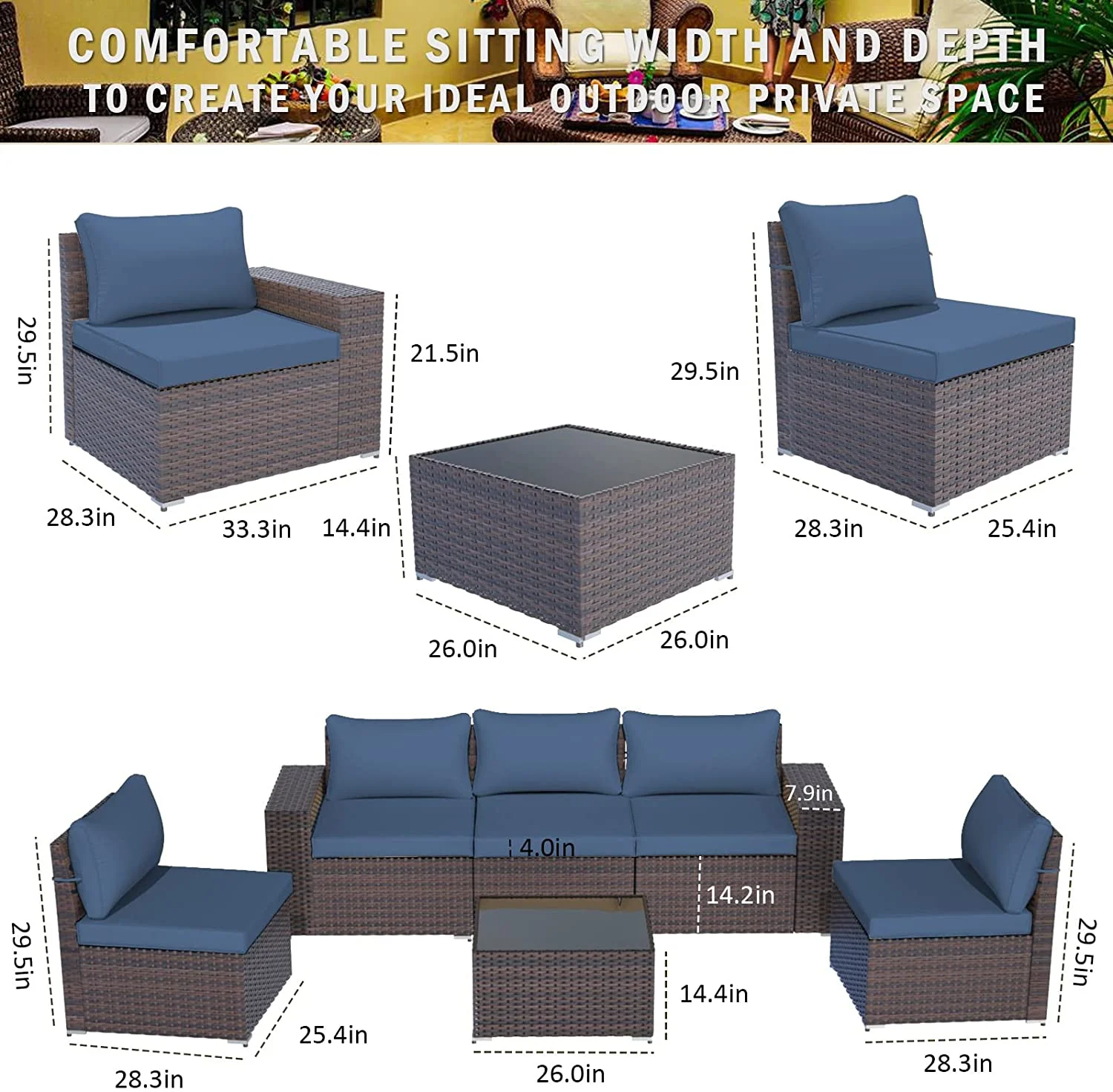 Gotland Patio Furniture Sets 6 Pieces PE Rattan Wicker Patio Sectional Outdoor Sofa Set(Navy blue)