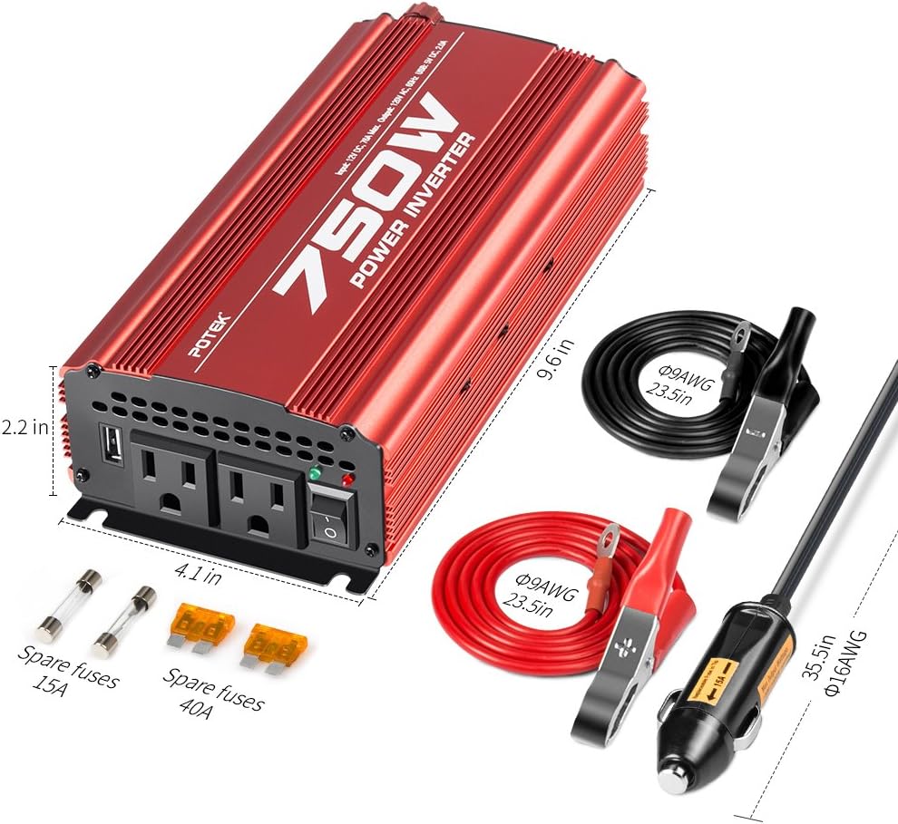 POTEK 500W Car Power Inverter DC 12V to AC 110V with 2AC outlets and 2A USB Port