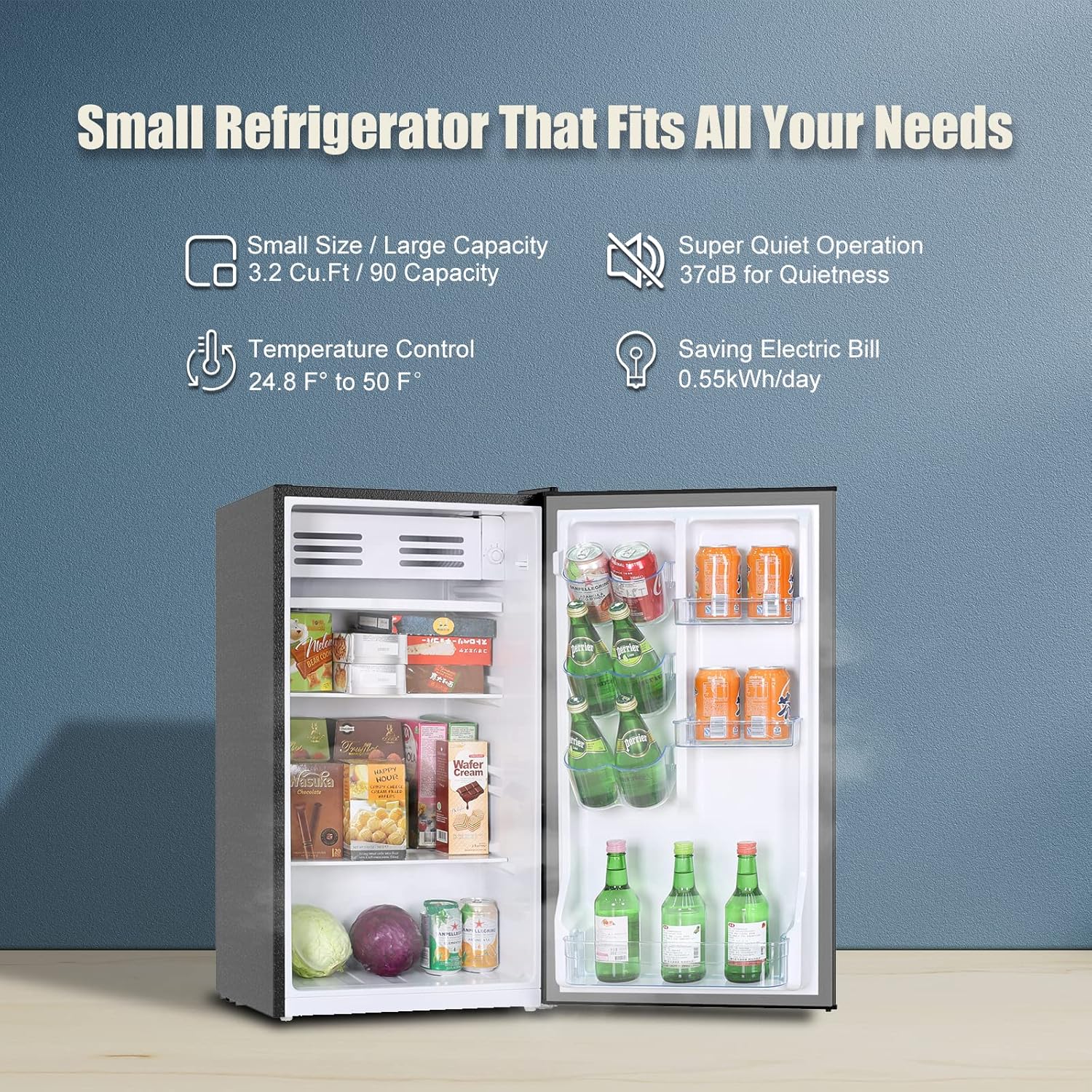Frestec Mini Fridge with Freezer,Mini Fridge for Bedroom,Small Refrigerator,Dorm Refrigerator,3.1 Cu Ft Single Door Compact,Energy Saving,Low Noise,Mini Fridge for Office (Black New Logo)