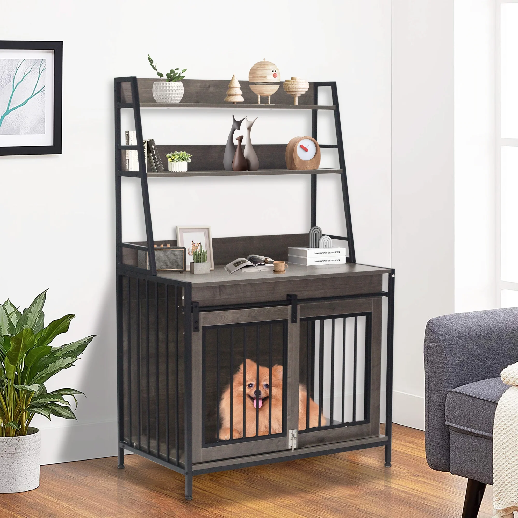 VINYUSE Dog Cage Furniture, Double Door Crate Furniture Dog Cage on Rollers with 3 Tier Storage Rack, Wooden Decorative Pet House End Table - Curated Treasures Market