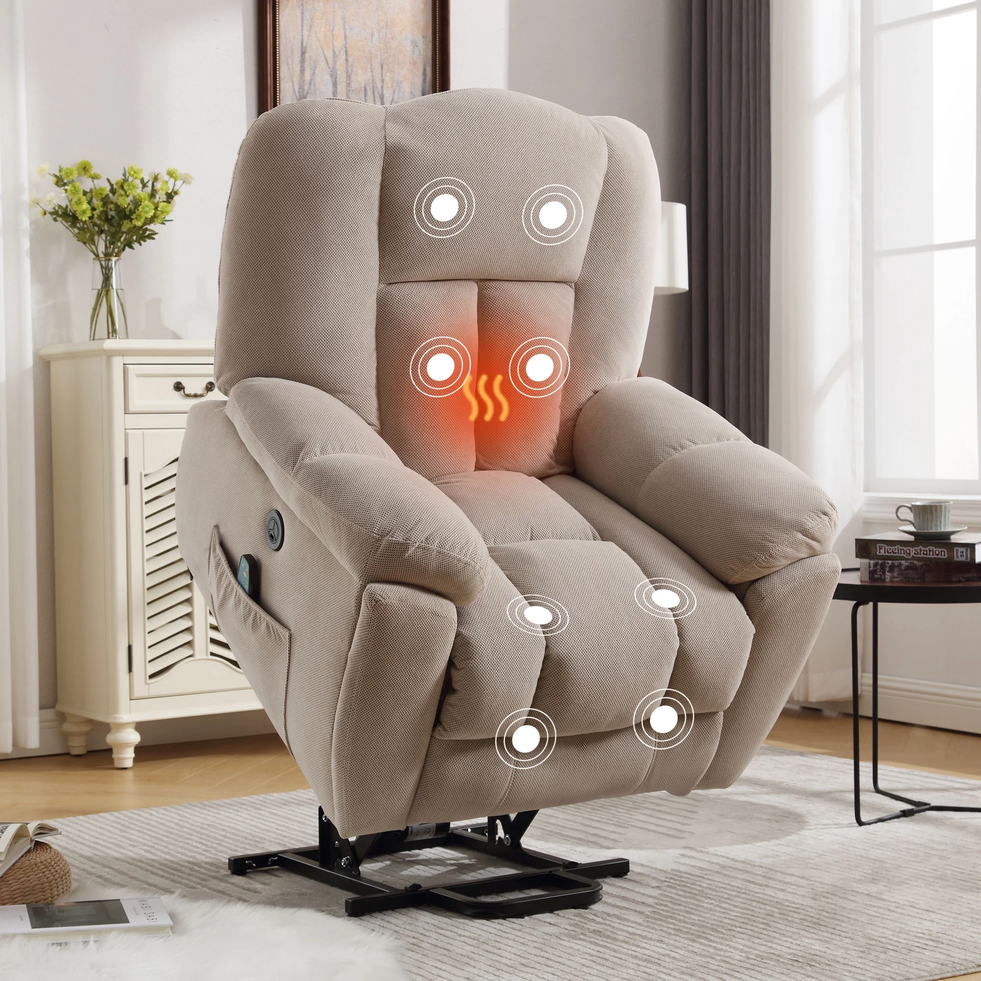 24.4" Wide Large Power Lift Recliner Chair, BTMWAY Oversize Electric Lift Recliners for Elderly with Heat and Massage, 3 Position Electric Recliner Chair for Home Use with Hidden Cup Holder, Beige - Curated Treasures Market