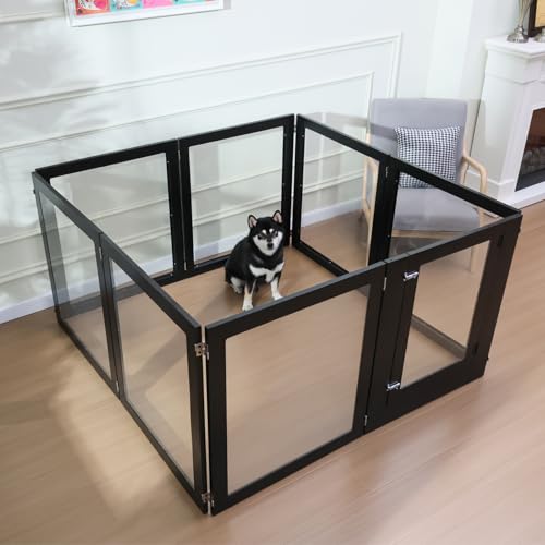 Heavy Duty Clear Acrylic Dog Playpen, Transparent Pet Pen, Metal Frame Easy Assemble Kennel Enclosure, Ideal for Small to Medium Dogs, Cats, and Other Small Pets (White, 6 Panels with Door)