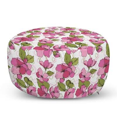 Ava 30x22 Wide Round Pouf Ottoman Trinx Fabric: Pale Olive Green/Pink