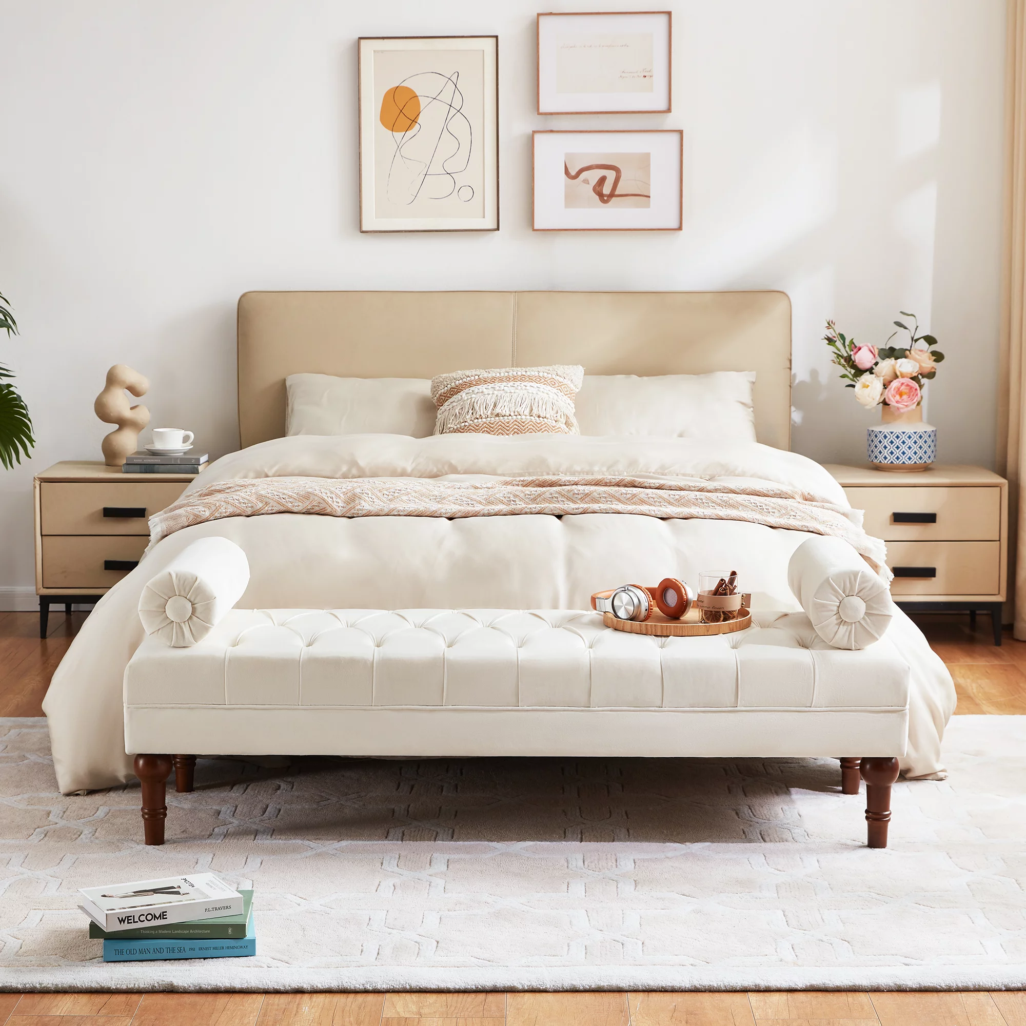HUIMO 60.2" Bedroom Bench,Large Size Velvet Bench for End of Bed,Upholstered Mid-Century Modern Bench with Button-Tufted,Entryway Bench,Storage Bench for Living Room(Beige)