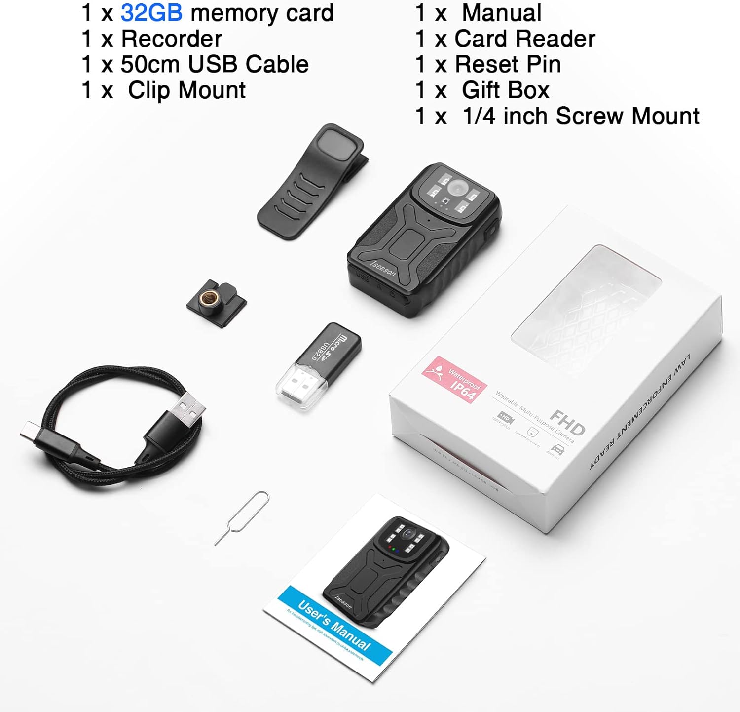 Body Camera,Body cam, Dash cam 1290×1080HD ,32G Memory, Body Worn Camera, Portable Body Camera with Audio Recording Wearable,Night Vision and 130° Wide Angle,Waterproof 64 for Law Enforcement Pack of 2