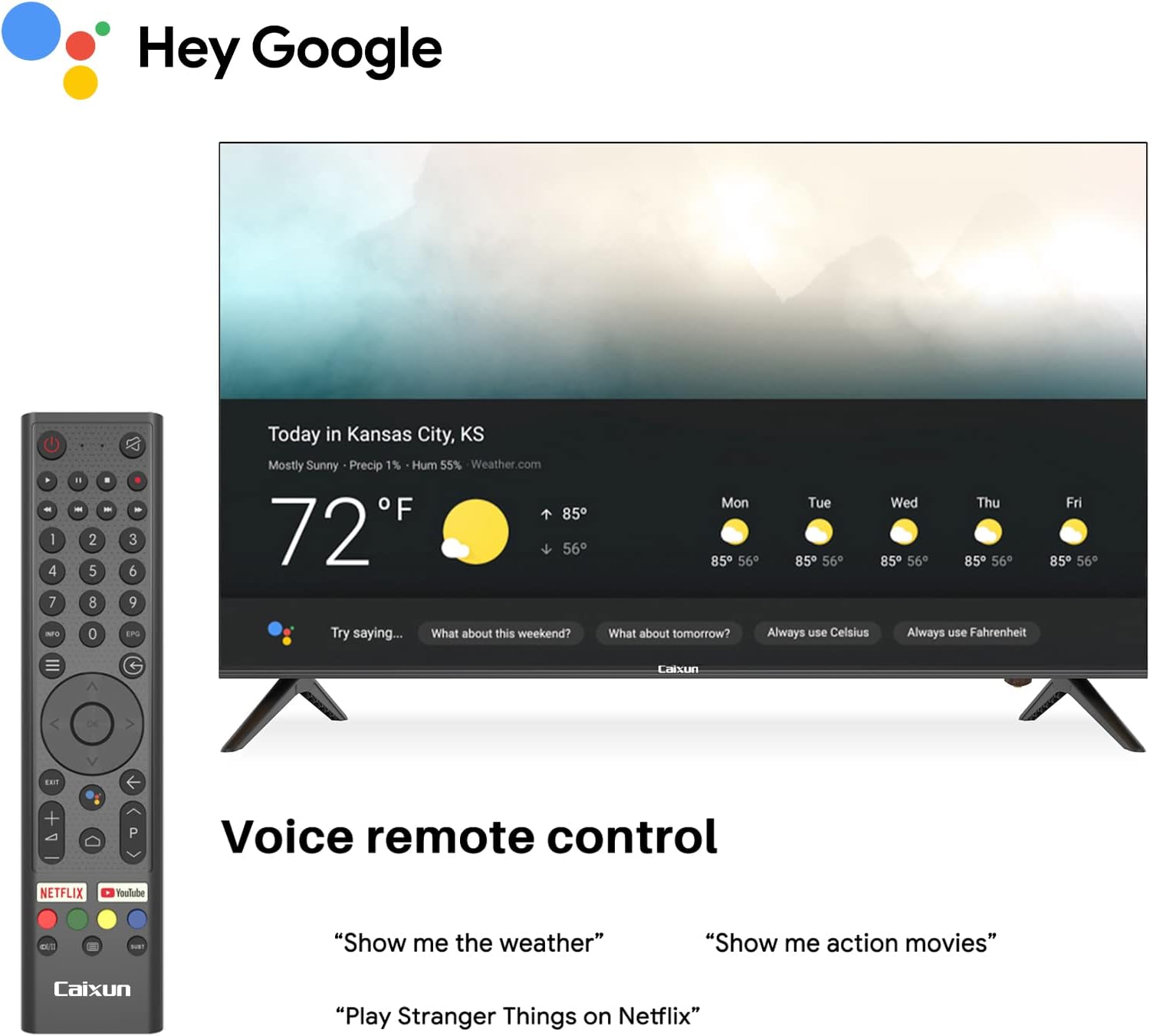 Caixun EC50S1A, 50 inch 4K UHD HDR LED Smart Android TV with Google Assistant (Voice Control), Screen Share, HDMI, USB, Wi-Fi, Bluetooth(2021 Model)