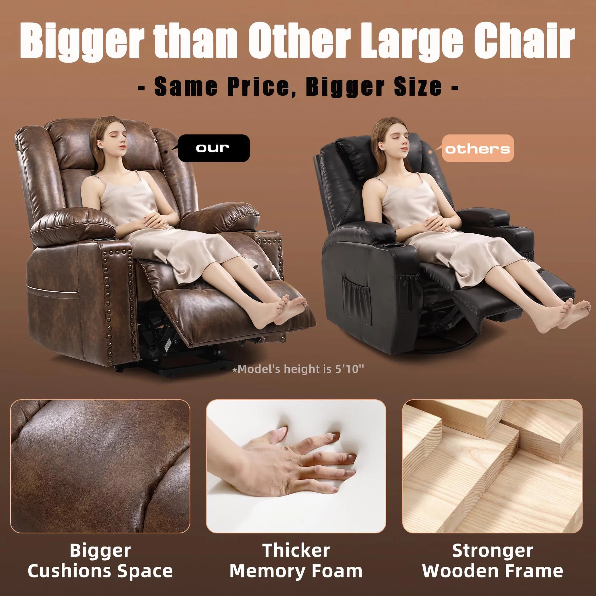SONORO KATE Large Power Lift Recliner for Elderly with Massage and Heat, 41" Wide Breathable Leather Chair, Brown