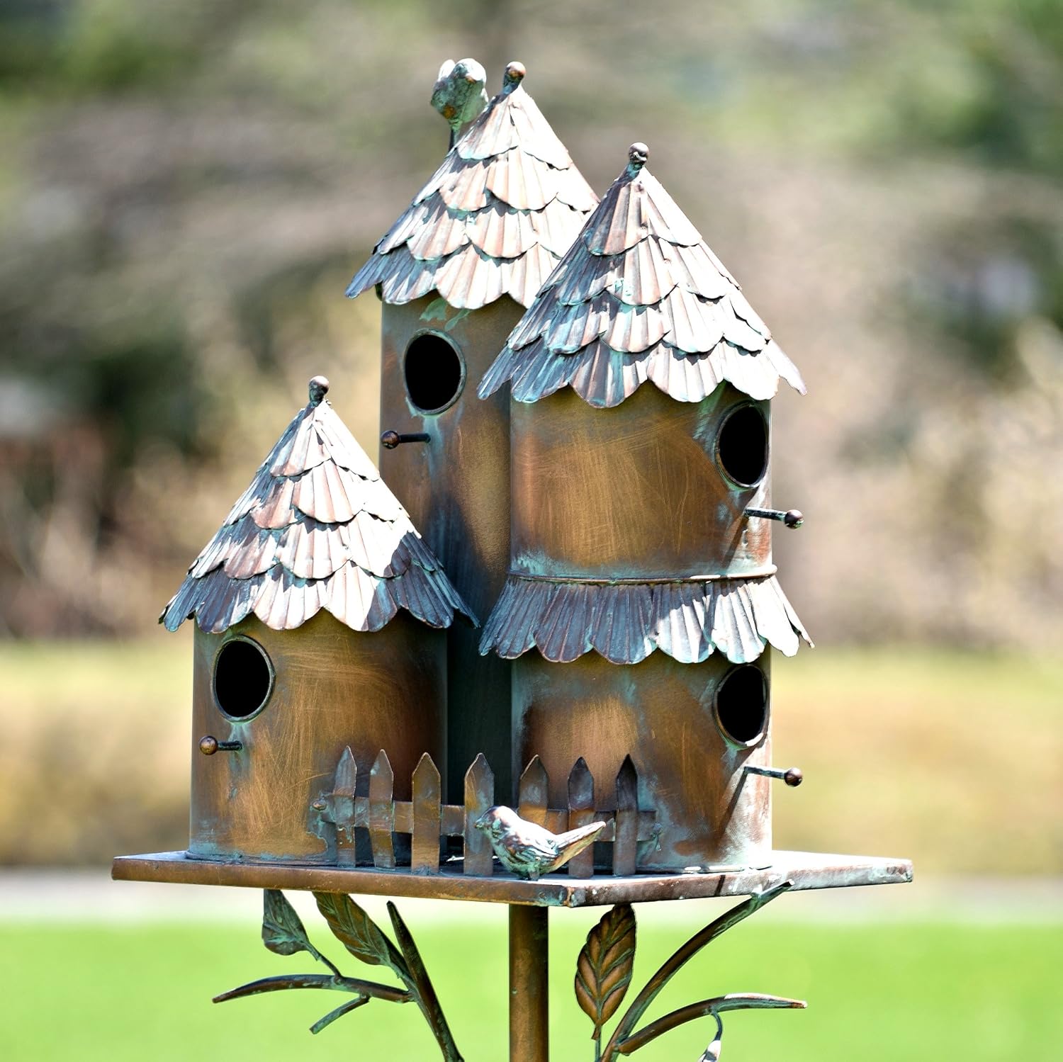 Zaer Ltd. Large Copper Colored Multi-Birdhouse Stakes, Room for 4 Bird Families in Each (Castle Home)