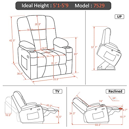 MCombo Small Power Lift Recliner Chair with Massage and Heat for Petite People, Cup Holders, USB Ports, Side Pockets, Fabric 7569 (Small-Regular, Brown)