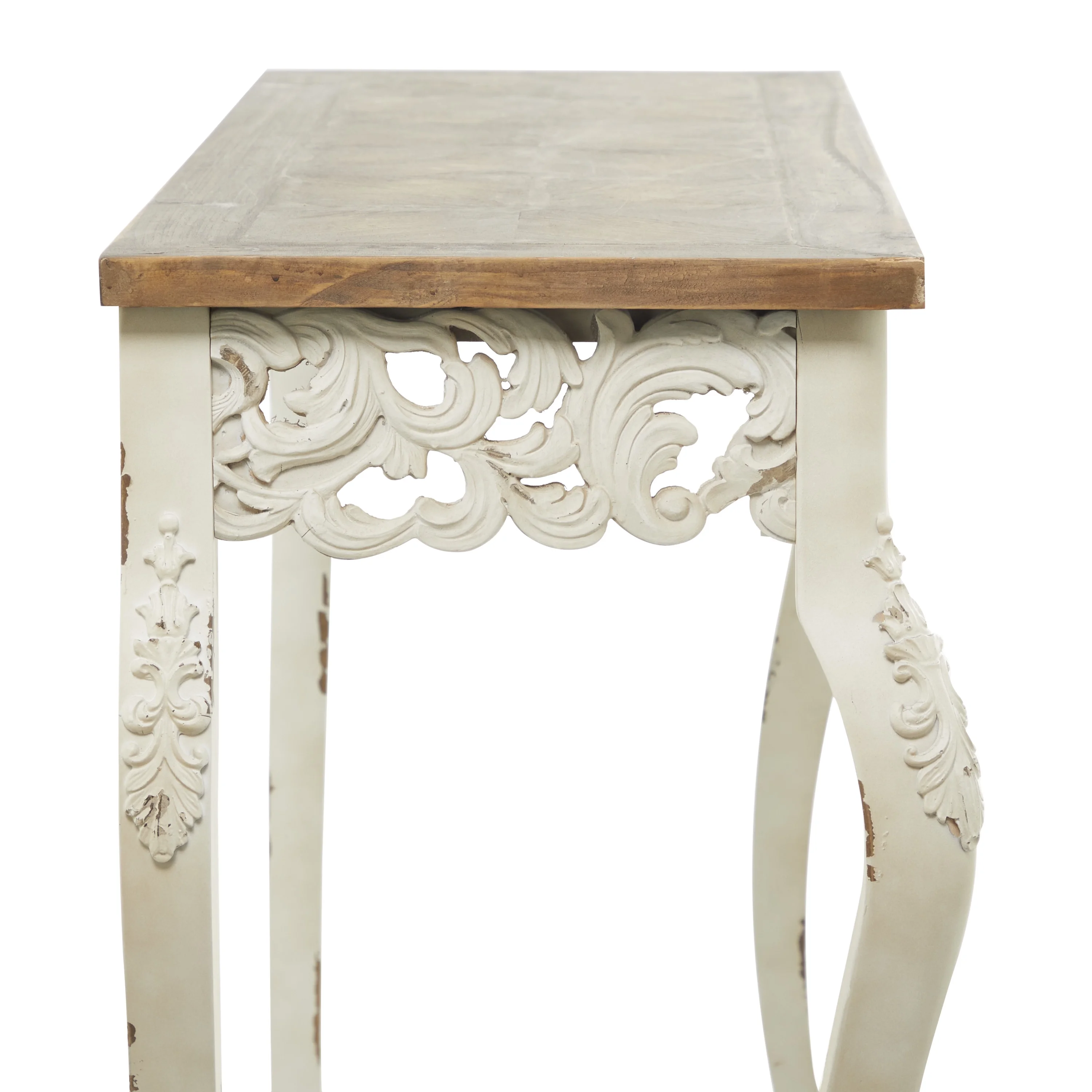 DecMode 46" x 30" White Wood Intricately Carved Floral Console Table with Brown Wood Top, 1-Piece