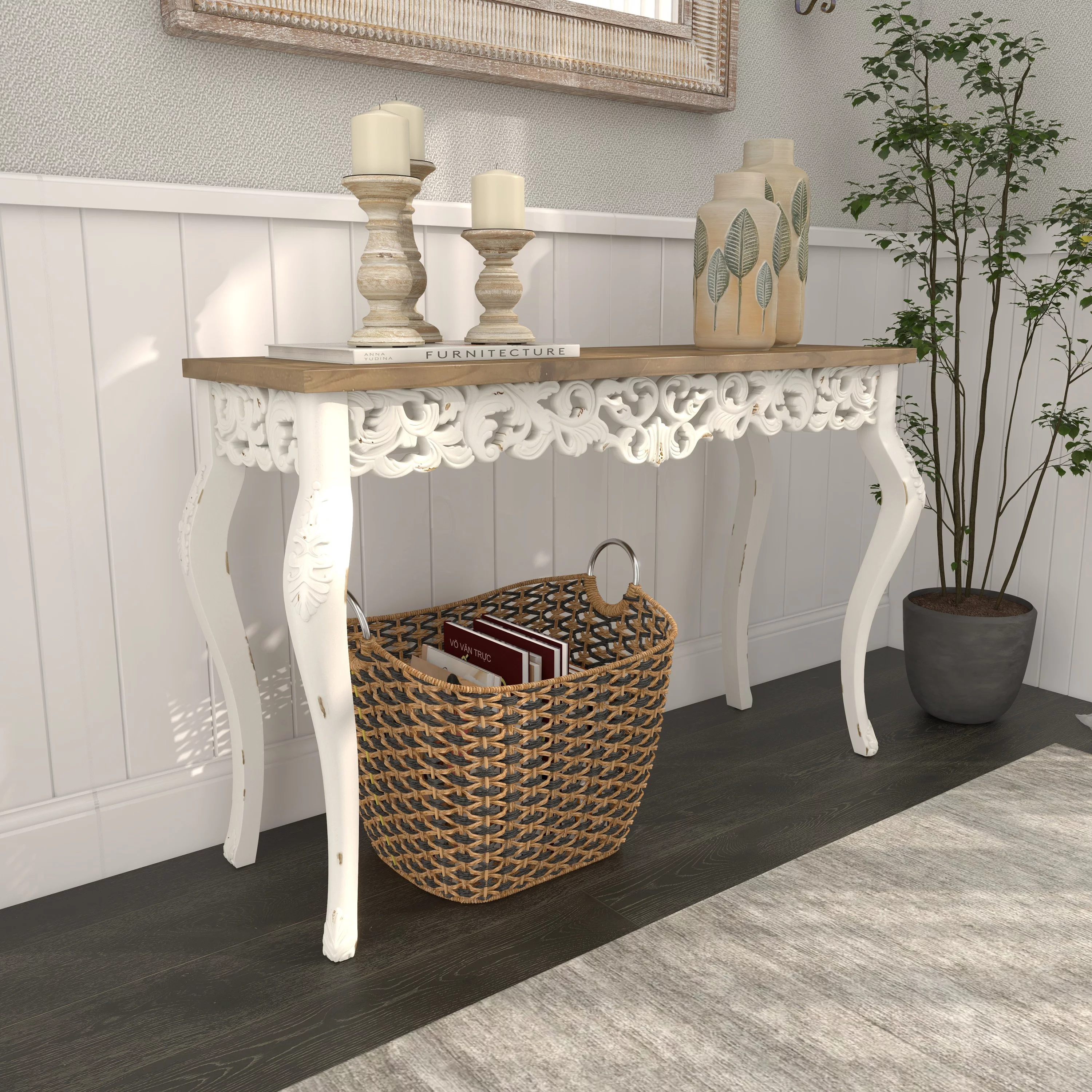 DecMode 46" x 30" White Wood Intricately Carved Floral Console Table with Brown Wood Top, 1-Piece