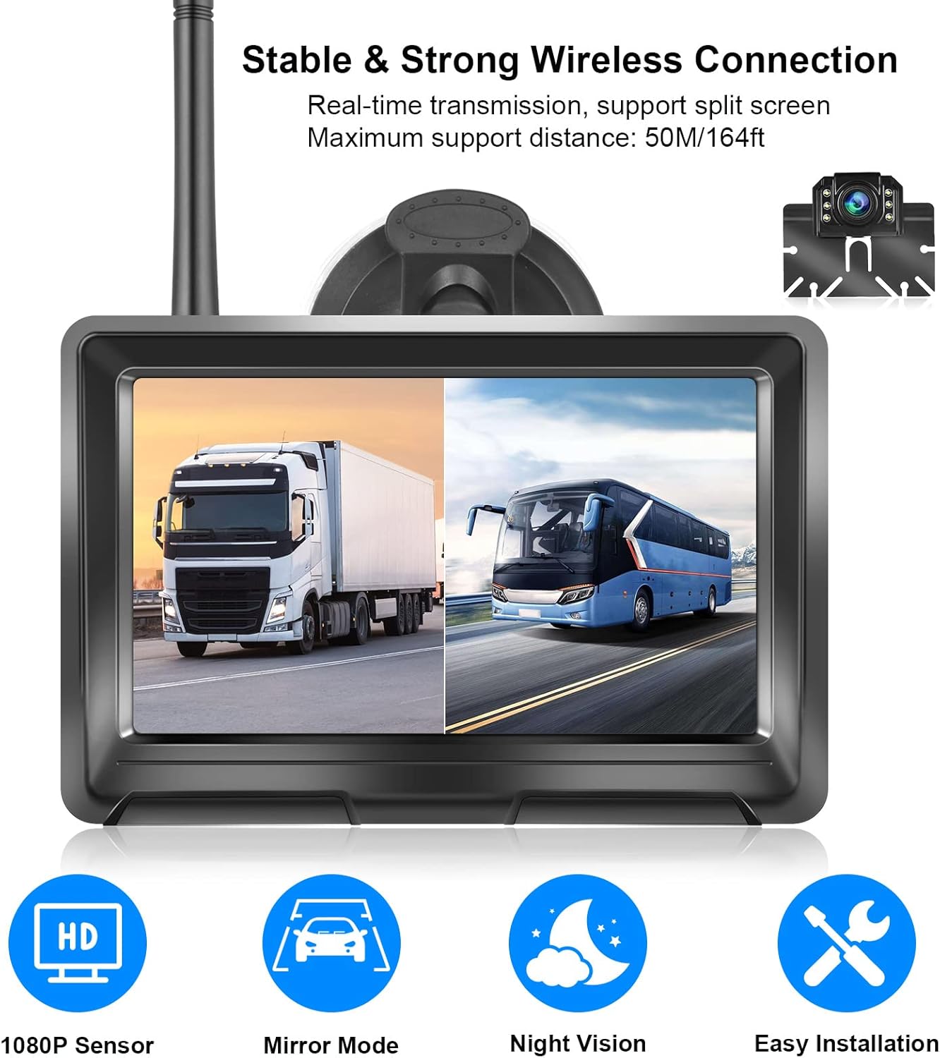 Wireless Backup Camera with 5 Inch HD 1080P Split Screen System for Truck Pickup Car Small RV, 2.4G Stable Digital Signals Bluetooth Backup Camera Support Add Second RV Rear View Camera Pack of 2