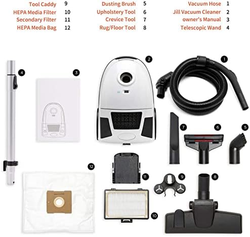 Canister Vacuum Cleaner - Jill Compact Vacuum, for Hardwood Floors and Rugs, Dual Certified Hepa Filtration, Bagged