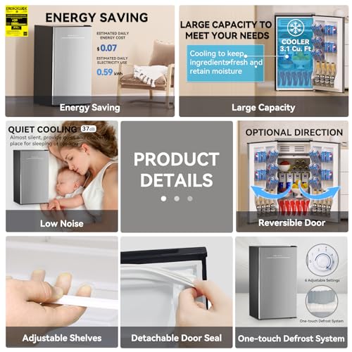 Frestec 3.1 Cu.Ft Mini Fridge for Bedroom, Retro Mini Refrigerator with freezer, Dorm Fridge with Freezer, Compact Small Fridge Perfect for Room and Office, Adjustable Temperature