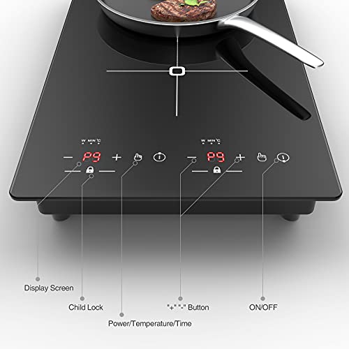 VBGK Induction Cooktop, Induction Stove Top with Large LCD Sensor Touch, Induction Hot Plate with 9 Temperature Levels, Child Safety Lock & Timer