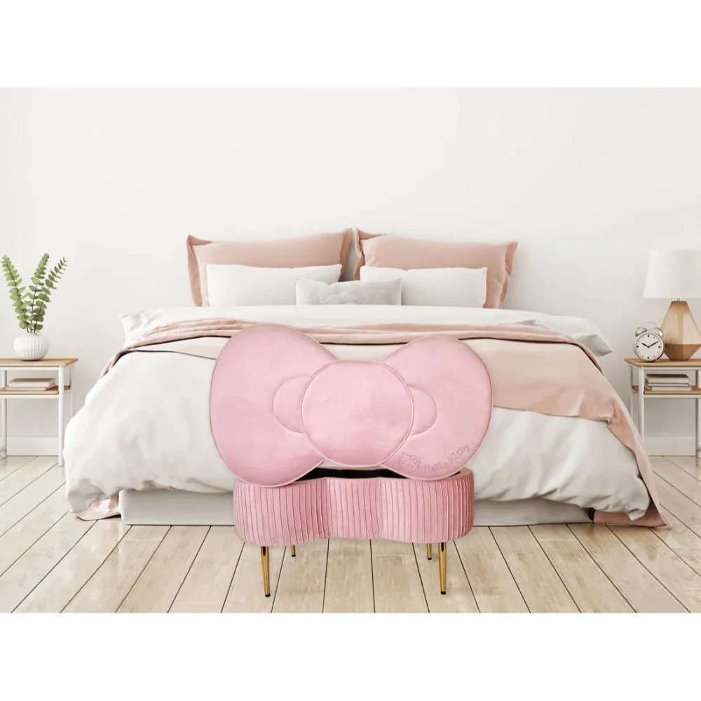 Impressions Vanity Hello Kitty Bow Velvet Ottoman Storage Bench with Gold Metal Legs (Pink)