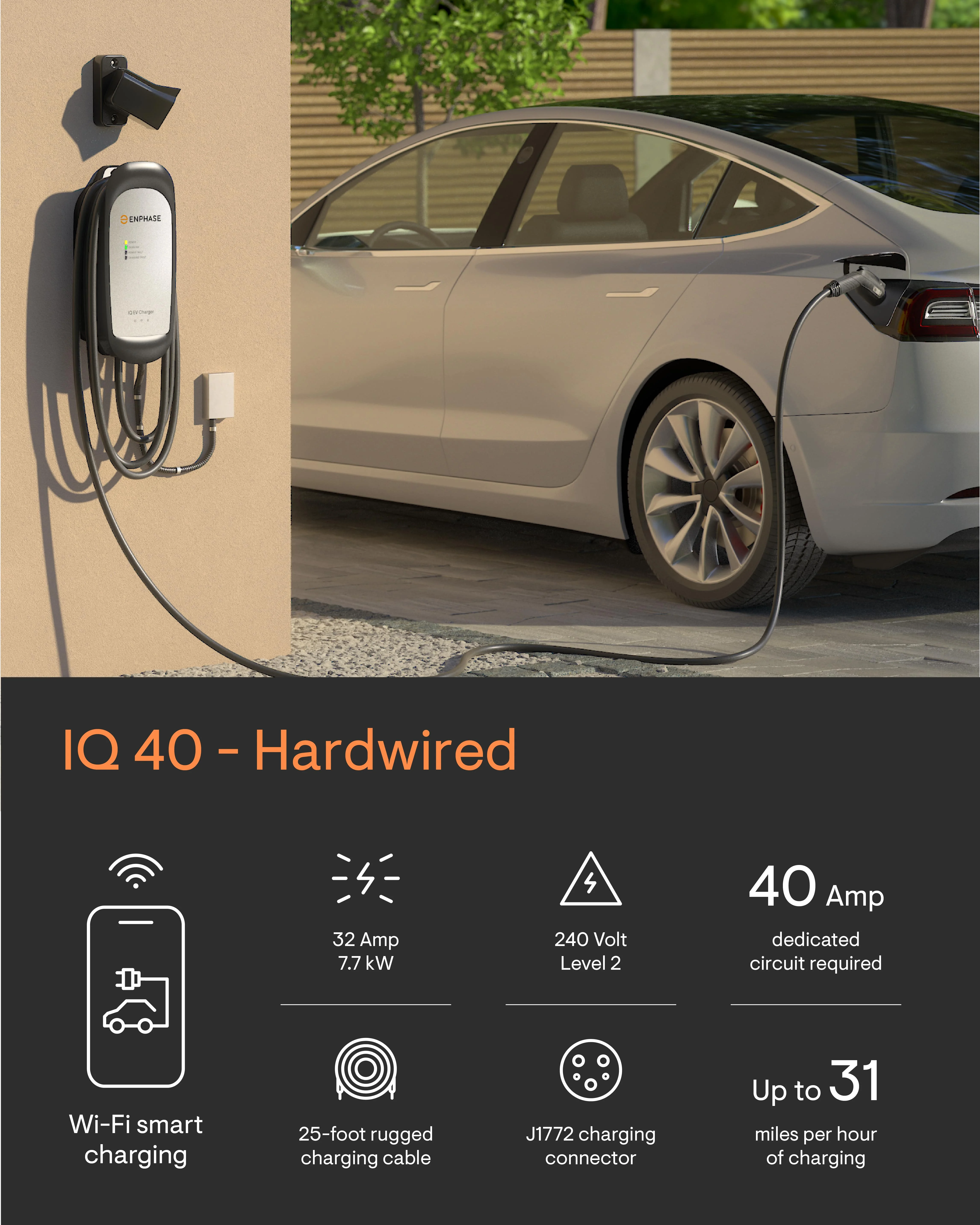 Enphase Smart Level 2 EV Charger with Wi-Fi, Safety Certified, 32 Amp, 240v, Hardwired, Indoor/Outdoor, Ruggedized 25ft Cable & J1772 Connector, IQ 40 Home Electric Car Charging Station