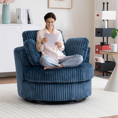 Chair and A Half with Ottoman, 360° Swivel Accent Barrel Chair Modern Comfy Round Reading Sofa Swivel Chairs Circle Lounge Chair for Bedroom Living Room w/4 Pillow Lower Seating Heigh (White, Large)