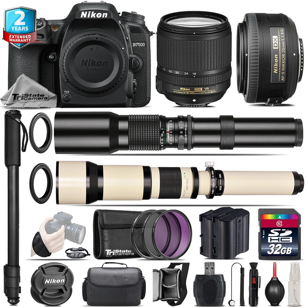 Nikon D7500 DSLR Camera + AFS 18-140mm VR + 35mm f/1.8 + 500-1300mm - 32GB Kit - Curated Treasures Market